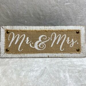HOBBY LOBBY Mr & Mrs Wooden Burlap Sign Rustic Wedding White/Brass Studs Western
